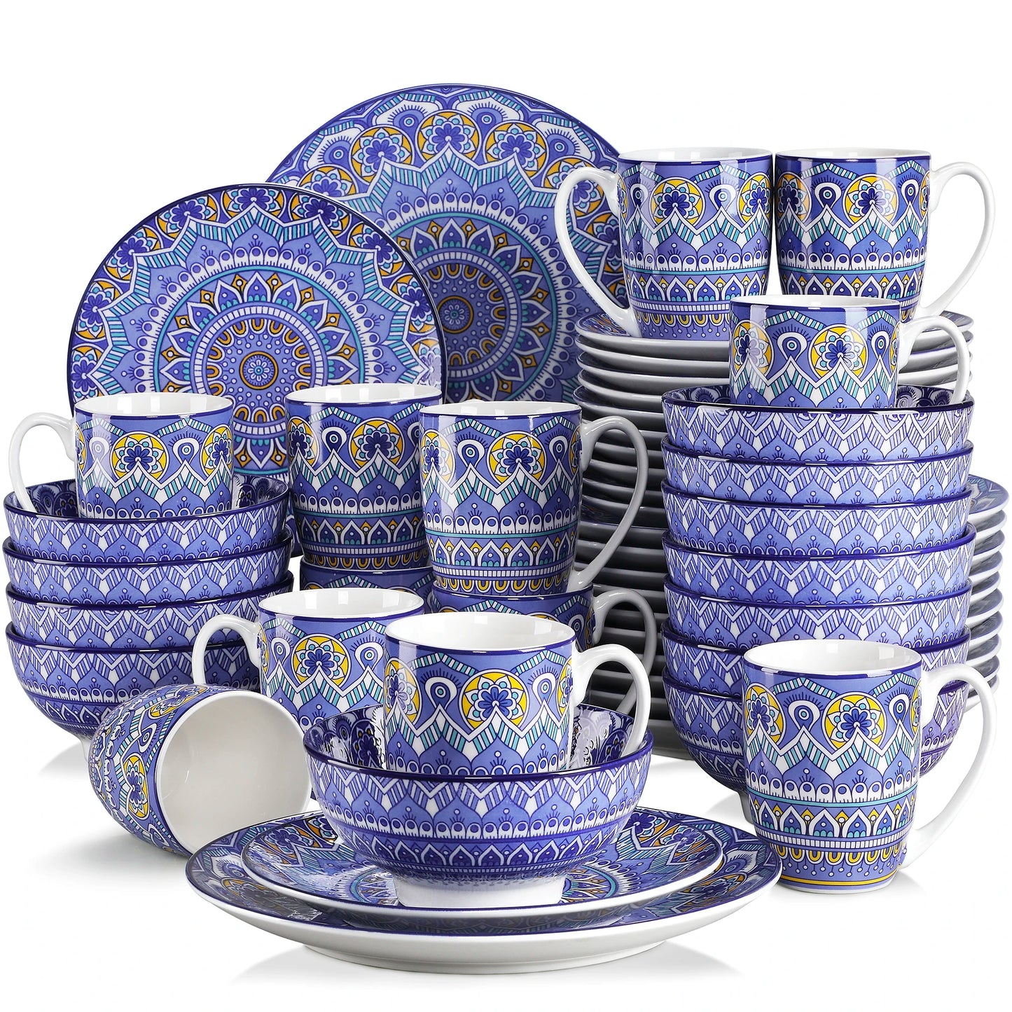 vancasso 16/32/48-PCS Ceremic Plate Porcelain Dinnerware Set Bohemian Mandala Patterned with Dinner Plate,Dessert Plate,Bowl,Mug