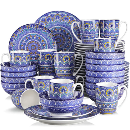 vancasso 16/32/48-PCS Ceremic Plate Porcelain Dinnerware Set Bohemian Mandala Patterned with Dinner Plate,Dessert Plate,Bowl,Mug
