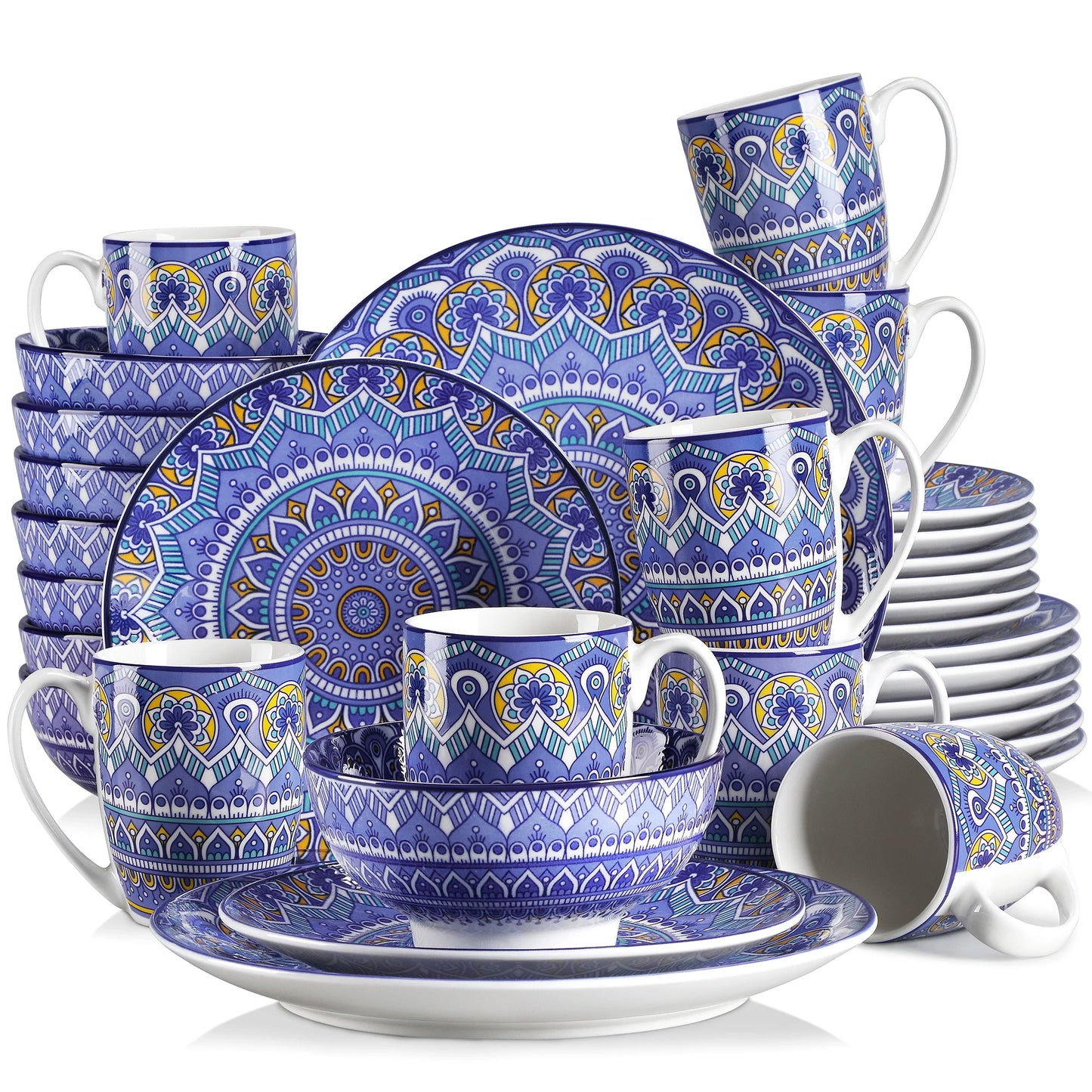 vancasso 16/32/48-PCS Ceremic Plate Porcelain Dinnerware Set Bohemian Mandala Patterned with Dinner Plate,Dessert Plate,Bowl,Mug