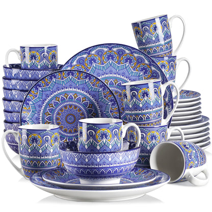 vancasso 16/32/48-PCS Ceremic Plate Porcelain Dinnerware Set Bohemian Mandala Patterned with Dinner Plate,Dessert Plate,Bowl,Mug