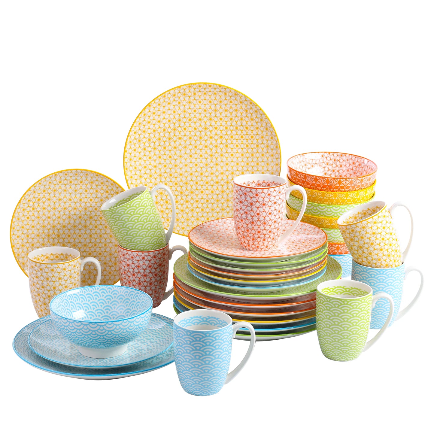 Vancasso Natsuki 16/32/48-Pieces Porcelain Multi-Colour Japanese-style Dinnerware Set with 4*Dinner Plate,Dessert Plate,Bowl,Mug