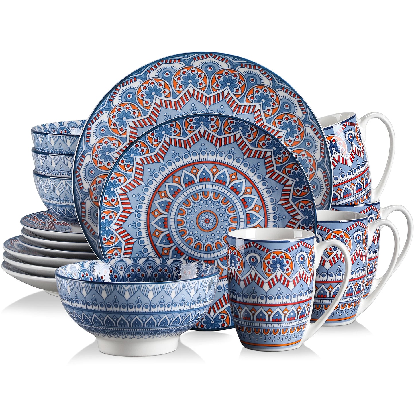 vancasso 16/32/48-PCS Ceremic Plate Porcelain Dinnerware Set Bohemian Mandala Patterned with Dinner Plate,Dessert Plate,Bowl,Mug