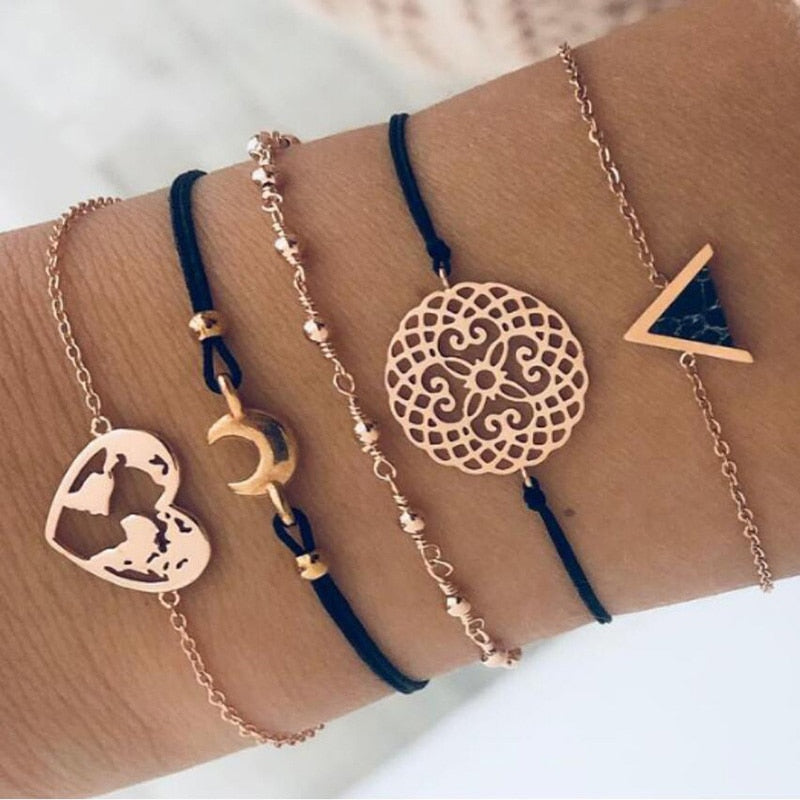 Boho Geometric Bracelet & Bangle Sets For Women Vintage Star Map Hand Heart charm Beads Chains Fashion Jewelry Accessories