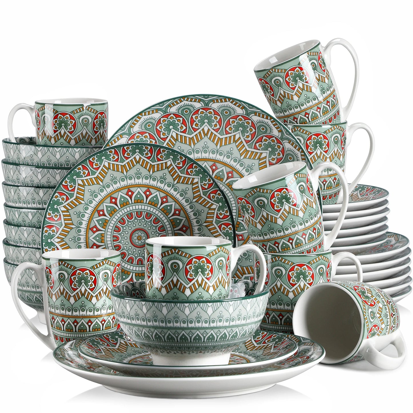 vancasso 16/32/48-PCS Ceremic Plate Porcelain Dinnerware Set Bohemian Mandala Patterned with Dinner Plate,Dessert Plate,Bowl,Mug