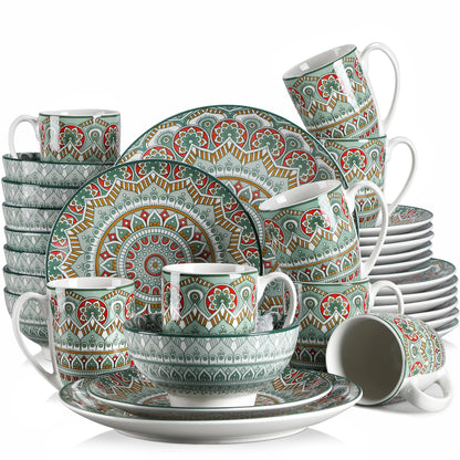 vancasso 16/32/48-PCS Ceremic Plate Porcelain Dinnerware Set Bohemian Mandala Patterned with Dinner Plate,Dessert Plate,Bowl,Mug