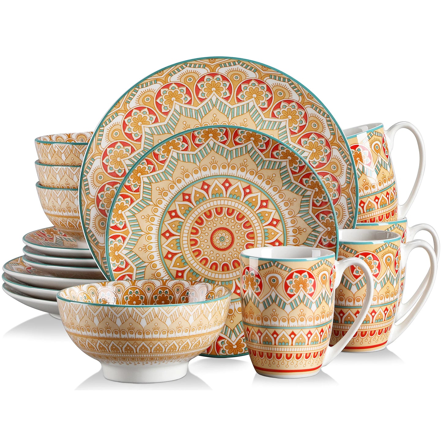 vancasso 16/32/48-PCS Ceremic Plate Porcelain Dinnerware Set Bohemian Mandala Patterned with Dinner Plate,Dessert Plate,Bowl,Mug