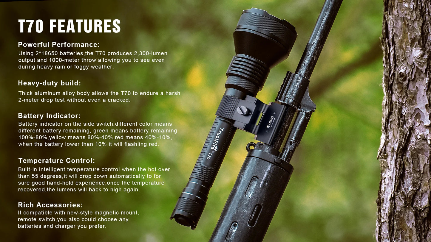 Trustfire T70 Hunting Flashlight 18650 2300lm LED Torch Ultra Powerful Rechargeable Light Tactical Camping Lamp