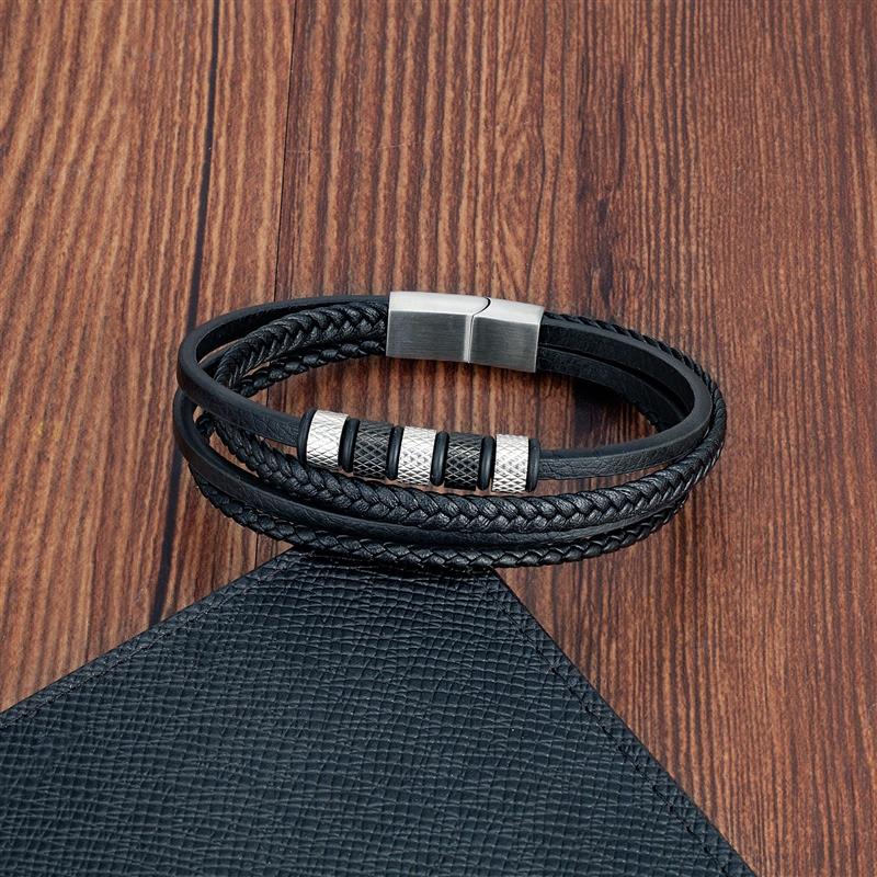 Luxury Stainless Steel Beaded Bracelet Fashion Men's Jewelry Classic Multilayer Braided Leather Bracelet Homme New Year Men Gift