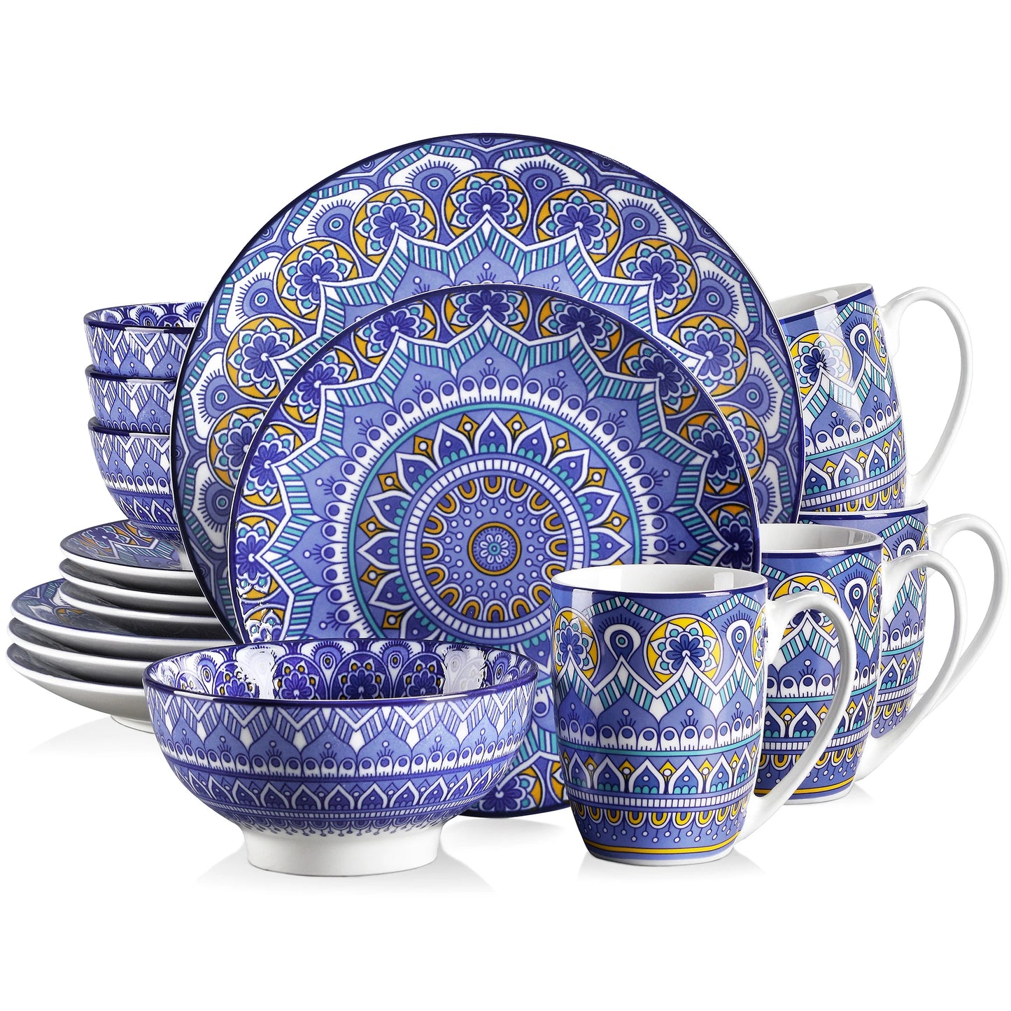 vancasso 16/32/48-PCS Ceremic Plate Porcelain Dinnerware Set Bohemian Mandala Patterned with Dinner Plate,Dessert Plate,Bowl,Mug