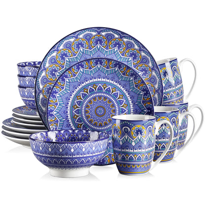 vancasso 16/32/48-PCS Ceremic Plate Porcelain Dinnerware Set Bohemian Mandala Patterned with Dinner Plate,Dessert Plate,Bowl,Mug
