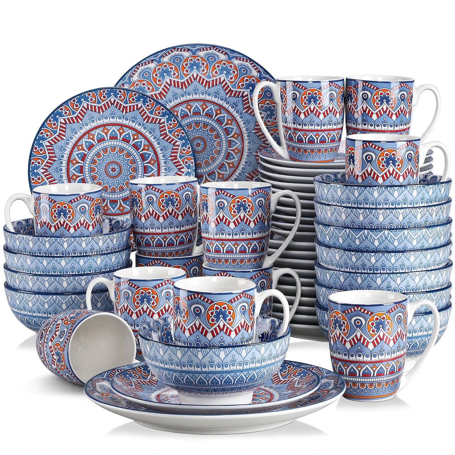 vancasso 16/32/48-PCS Ceremic Plate Porcelain Dinnerware Set Bohemian Mandala Patterned with Dinner Plate,Dessert Plate,Bowl,Mug