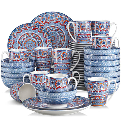 vancasso 16/32/48-PCS Ceremic Plate Porcelain Dinnerware Set Bohemian Mandala Patterned with Dinner Plate,Dessert Plate,Bowl,Mug