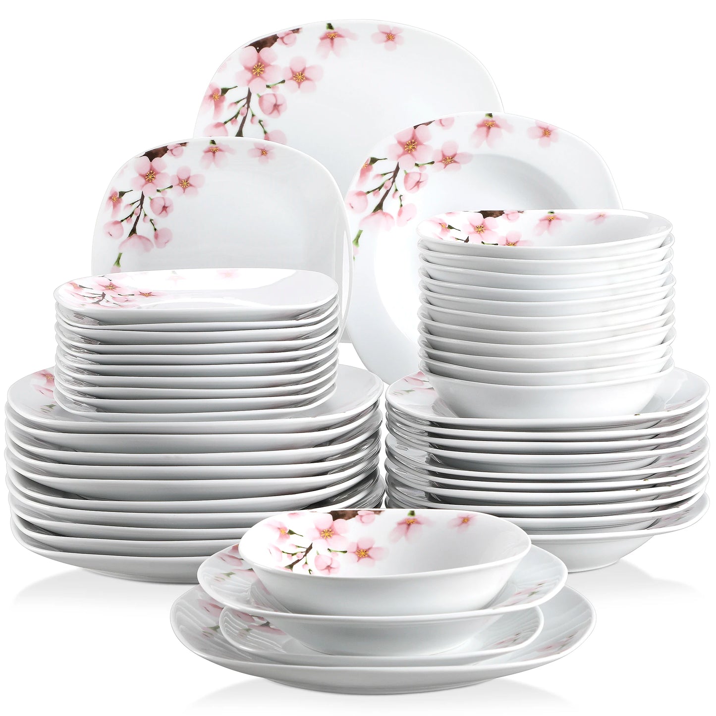 VEWEET ANNIE 48-Piece Porcelain Ceramic Tableware Dinner Plate Set with Bowl,Dessert Plate,Soup Plate,Dinner Plate for 12 Person