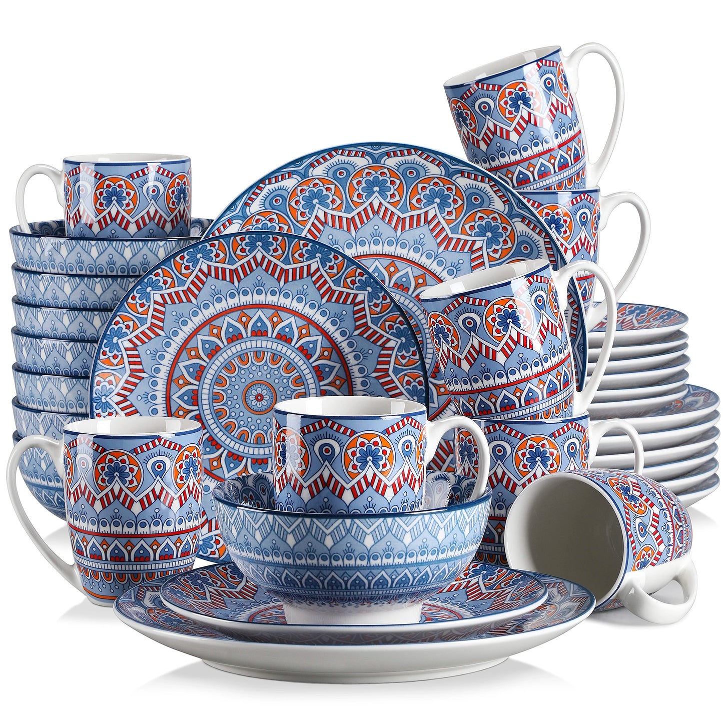 vancasso 16/32/48-PCS Ceremic Plate Porcelain Dinnerware Set Bohemian Mandala Patterned with Dinner Plate,Dessert Plate,Bowl,Mug