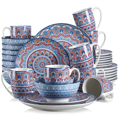 vancasso 16/32/48-PCS Ceremic Plate Porcelain Dinnerware Set Bohemian Mandala Patterned with Dinner Plate,Dessert Plate,Bowl,Mug