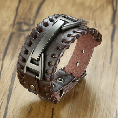 Men's Leather Wristband Bracelet,Viking Wrap Style Bracelet or Wrist Cuff,Leather Armlet Wide Leather Bracelet,Adjustable Size