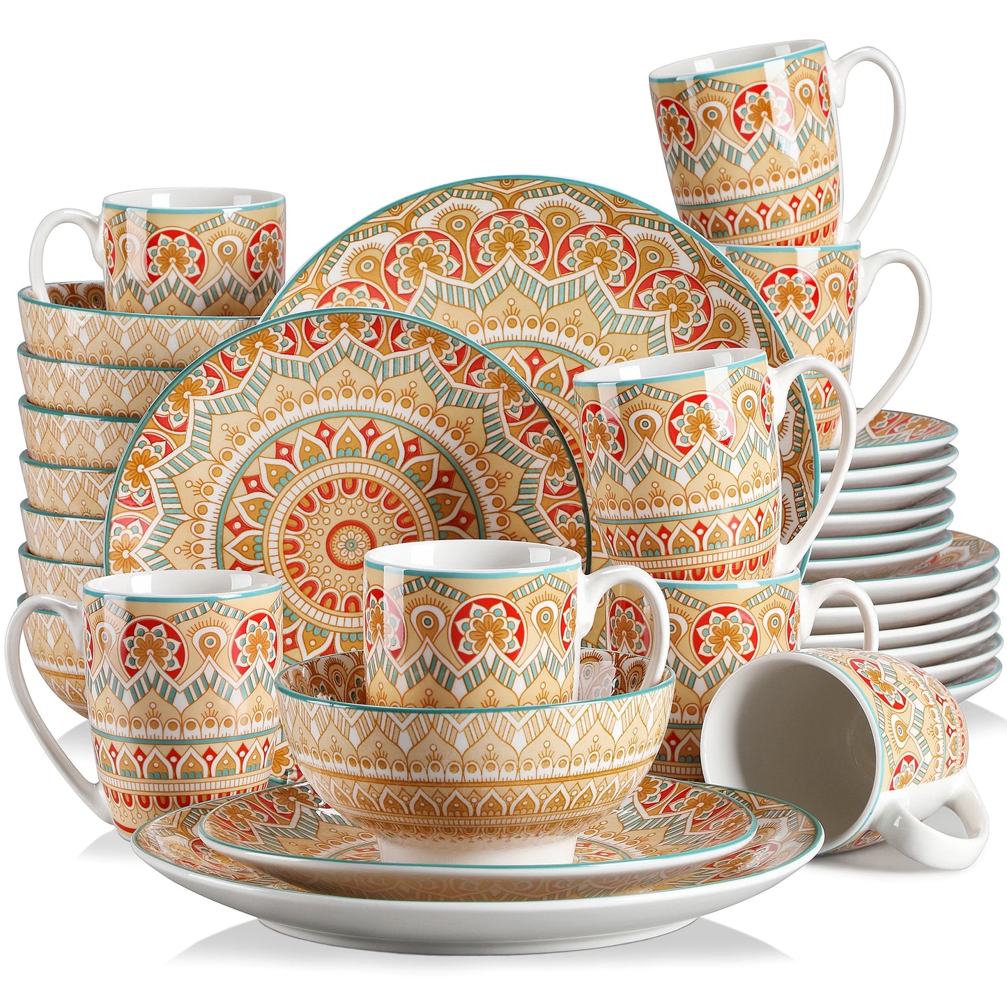 vancasso 16/32/48-PCS Ceremic Plate Porcelain Dinnerware Set Bohemian Mandala Patterned with Dinner Plate,Dessert Plate,Bowl,Mug