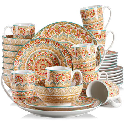 vancasso 16/32/48-PCS Ceremic Plate Porcelain Dinnerware Set Bohemian Mandala Patterned with Dinner Plate,Dessert Plate,Bowl,Mug