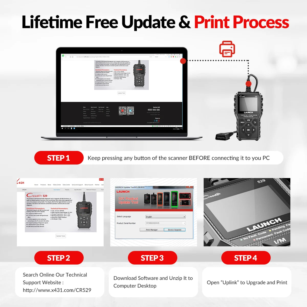 LAUNCH Creader 529 OBD2 Scanner Automotive Diagnostic Tool OBDII Code Reader Fault Code Read OBD Scan DIY Code Reader CR529