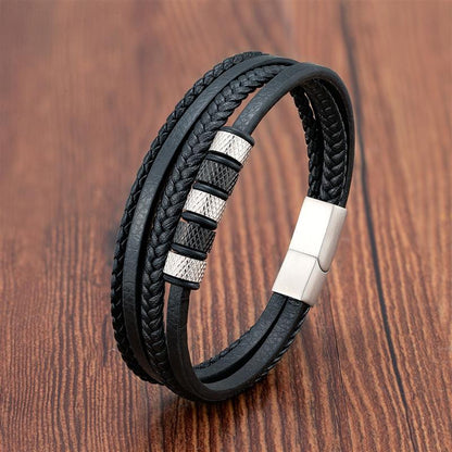 Luxury Stainless Steel Beaded Bracelet Fashion Men's Jewelry Classic Multilayer Braided Leather Bracelet Homme New Year Men Gift