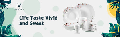 VEWEET ANNIE 48-Piece Porcelain Ceramic Tableware Dinner Plate Set with Bowl,Dessert Plate,Soup Plate,Dinner Plate for 12 Person