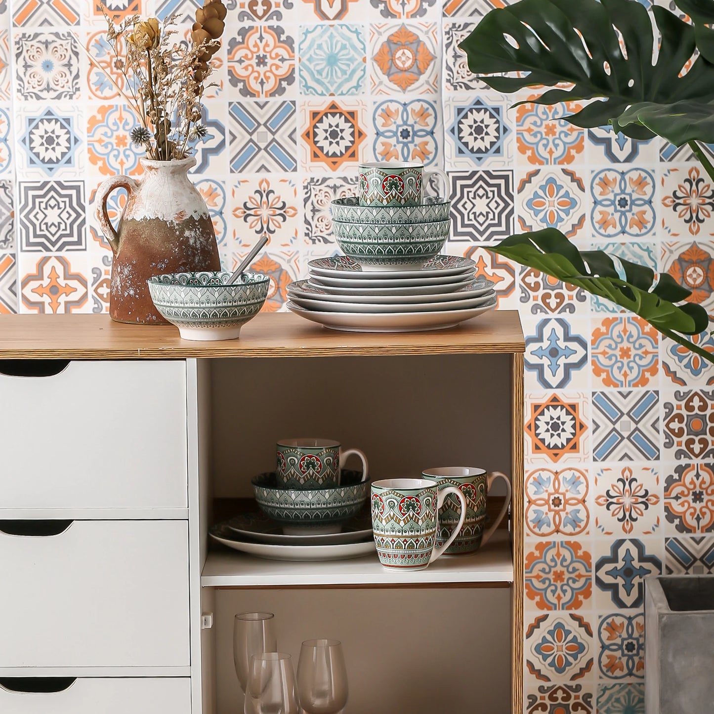 vancasso 16/32/48-PCS Ceremic Plate Porcelain Dinnerware Set Bohemian Mandala Patterned with Dinner Plate,Dessert Plate,Bowl,Mug