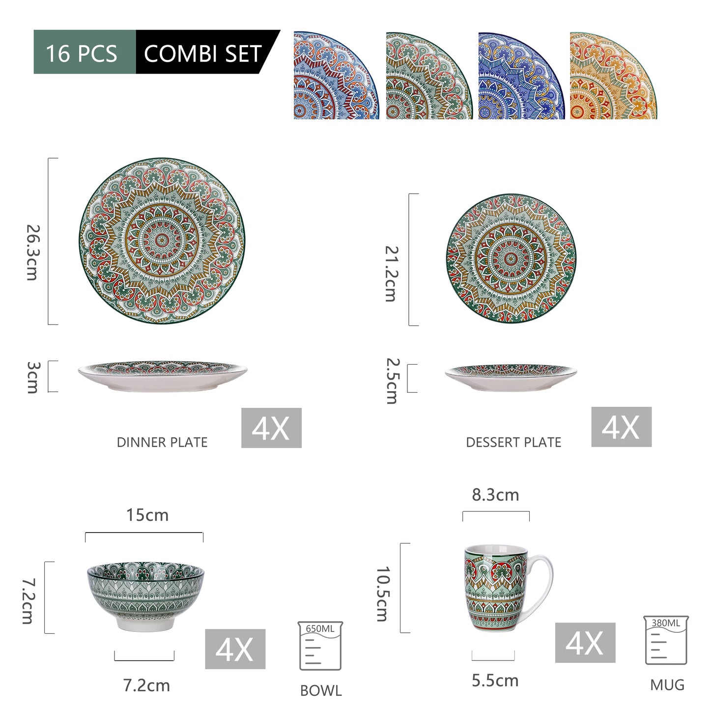 vancasso 16/32/48-PCS Ceremic Plate Porcelain Dinnerware Set Bohemian Mandala Patterned with Dinner Plate,Dessert Plate,Bowl,Mug