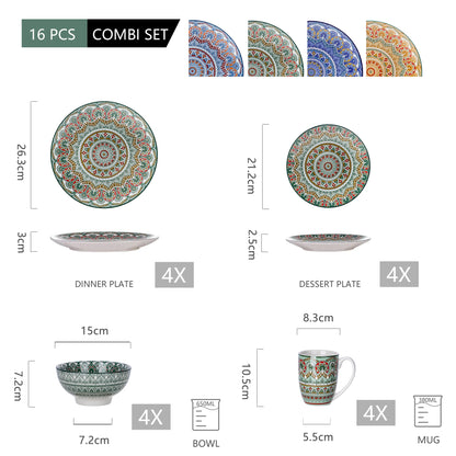 vancasso 16/32/48-PCS Ceremic Plate Porcelain Dinnerware Set Bohemian Mandala Patterned with Dinner Plate,Dessert Plate,Bowl,Mug