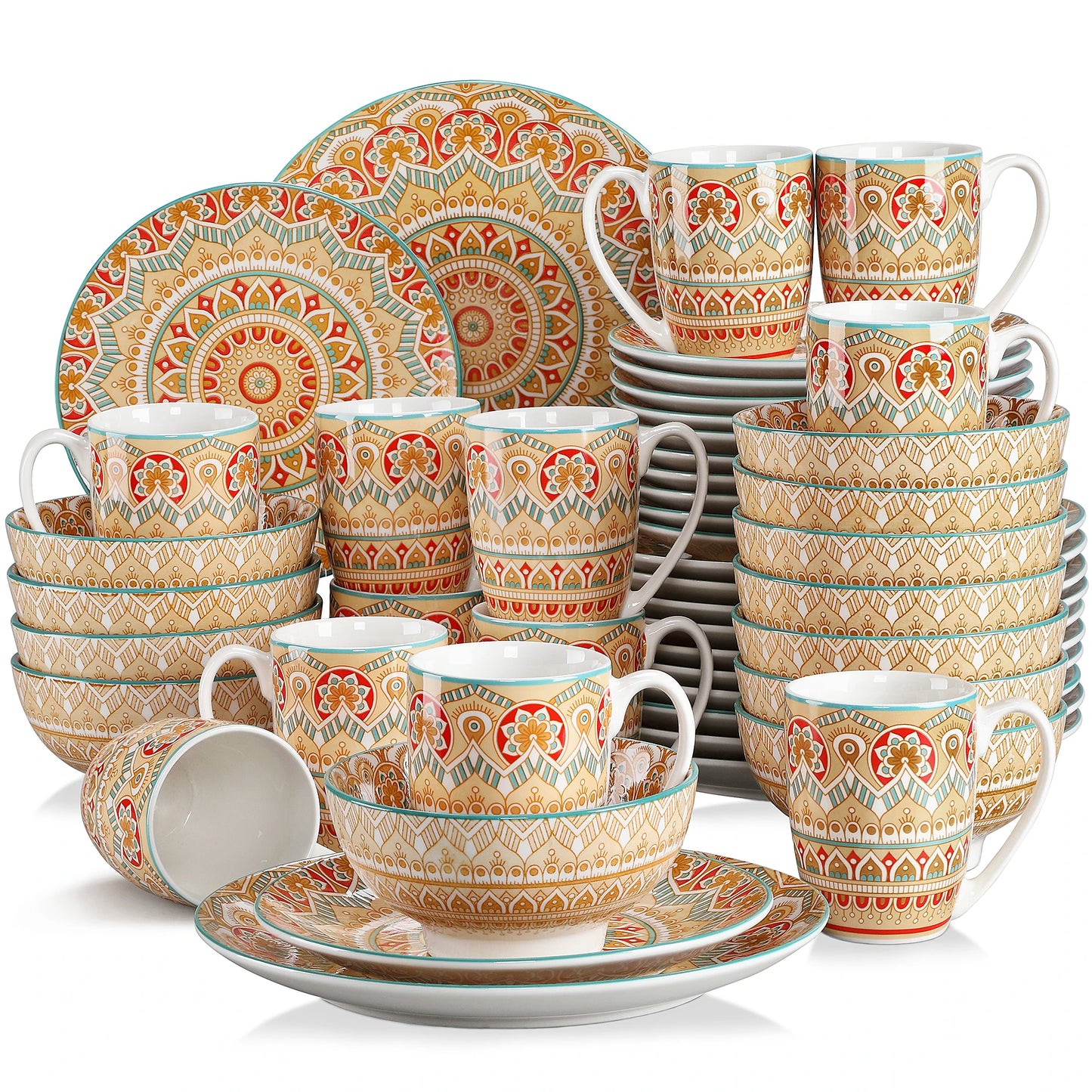 vancasso 16/32/48-PCS Ceremic Plate Porcelain Dinnerware Set Bohemian Mandala Patterned with Dinner Plate,Dessert Plate,Bowl,Mug