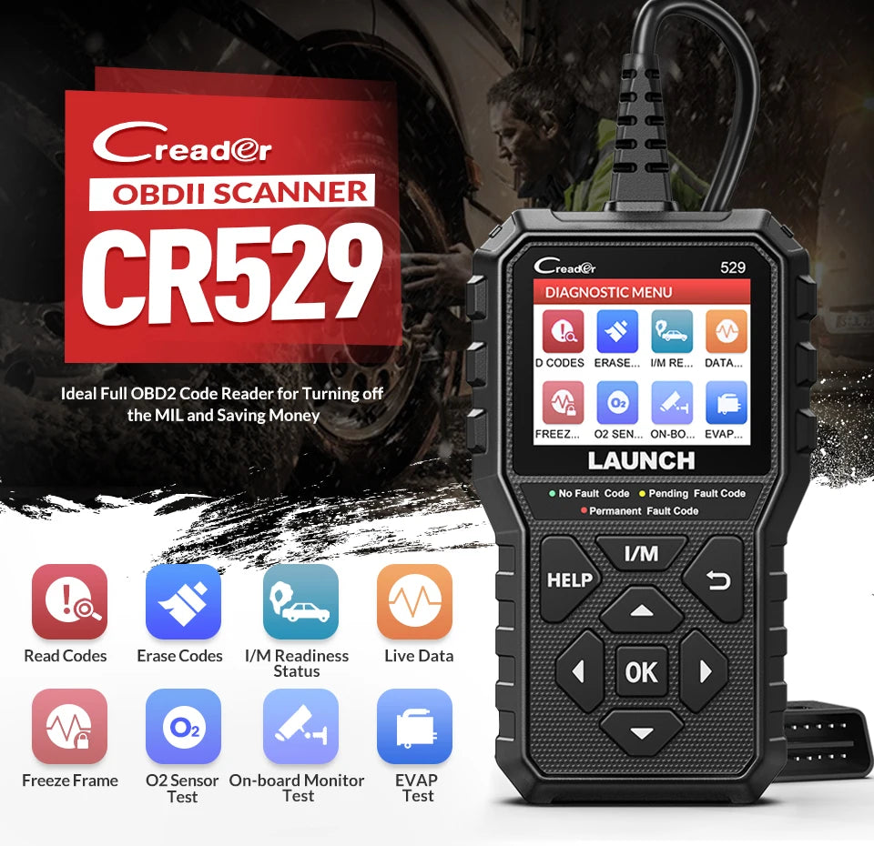 LAUNCH Creader 529 OBD2 Scanner Automotive Diagnostic Tool OBDII Code Reader Fault Code Read OBD Scan DIY Code Reader CR529