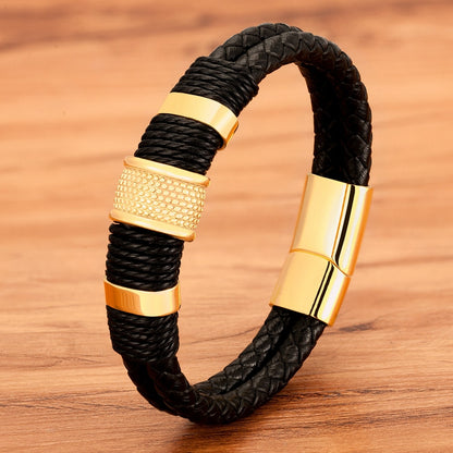 XQNI Woven Leather Rope Wrap Special Style Classic Stainless Steel Men's Leather Bracelet Double-layer Design DIY Customization