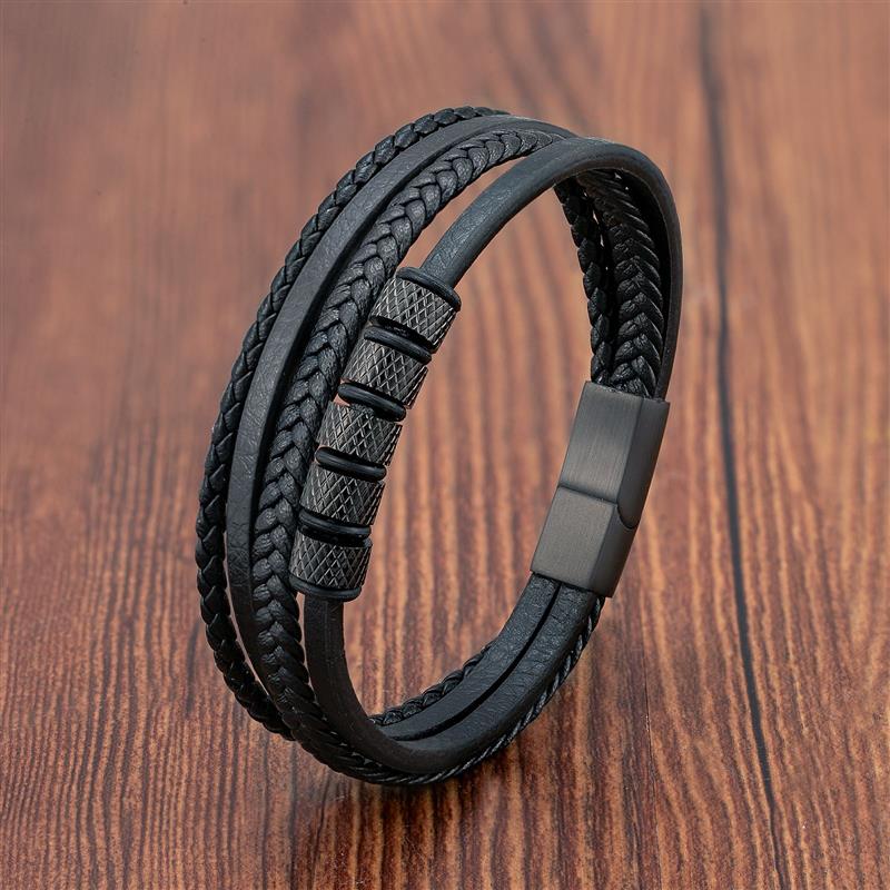 Luxury Stainless Steel Beaded Bracelet Fashion Men's Jewelry Classic Multilayer Braided Leather Bracelet Homme New Year Men Gift