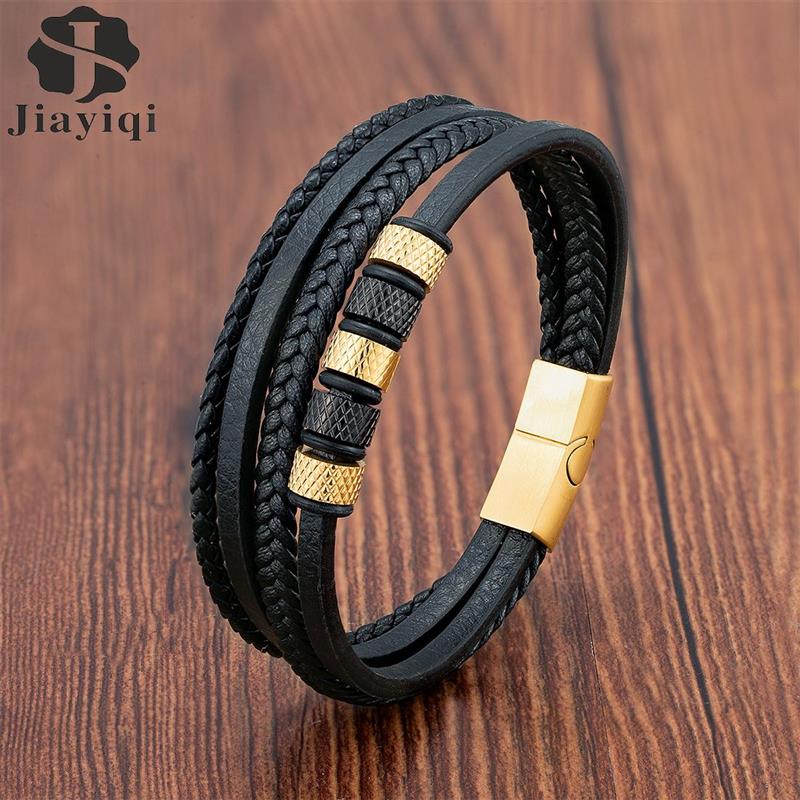 Luxury Stainless Steel Beaded Bracelet Fashion Men's Jewelry Classic Multilayer Braided Leather Bracelet Homme New Year Men Gift