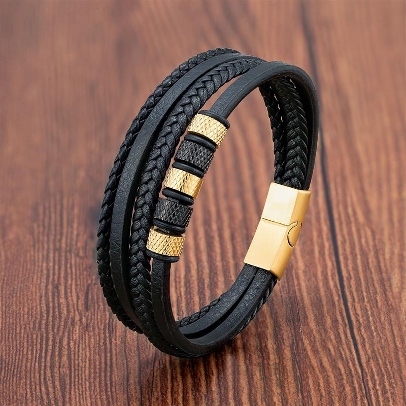 Luxury Stainless Steel Beaded Bracelet Fashion Men's Jewelry Classic Multilayer Braided Leather Bracelet Homme New Year Men Gift