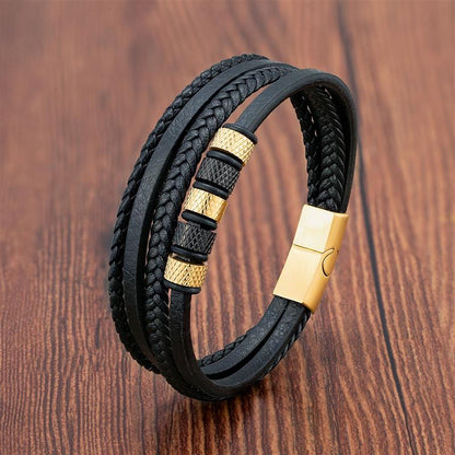 Luxury Stainless Steel Beaded Bracelet Fashion Men's Jewelry Classic Multilayer Braided Leather Bracelet Homme New Year Men Gift