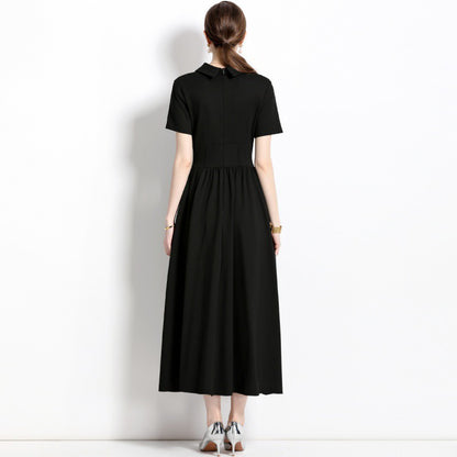 Fashion Polo Collar Stitching Black Dress Lightly Mature French Waist-tight Long