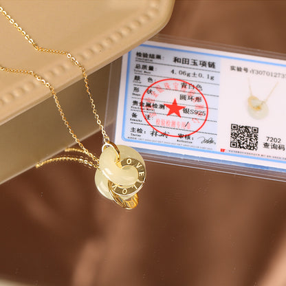 New Chinese Hetian Jade Necklace Women's Ring Buckle 925 Silver