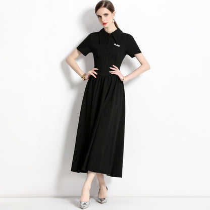 Fashion Polo Collar Stitching Black Dress Lightly Mature French Waist-tight Long