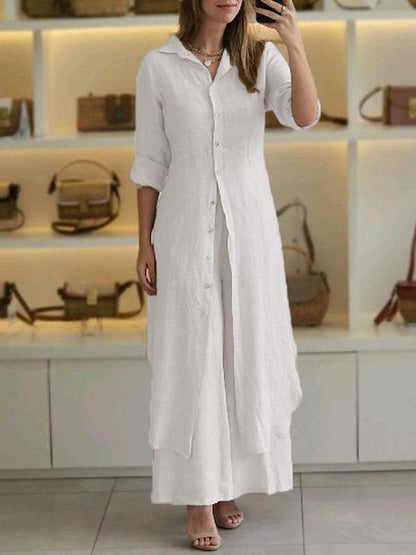 Urban Elegant Cotton And Linen Slim-fit Waist-tight Long Shirt Wide-leg Pants Suit