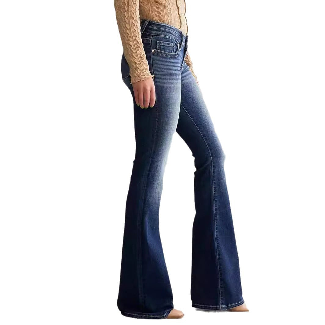 Ladies Mid Waist Slim Fit Stretch Retro Flared Jeans