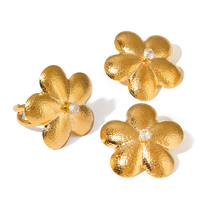 Fashion 18K Gold Stainless Steel Brushed Flower Rhinestone Earrings