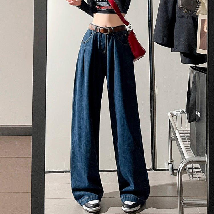 Korean Style Wide-leg Jeans High Waist Loose Pleated Straight Mop