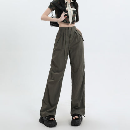 American High Street Cool Drawstring Lace-up Casual High Waist Wide Leg Pants