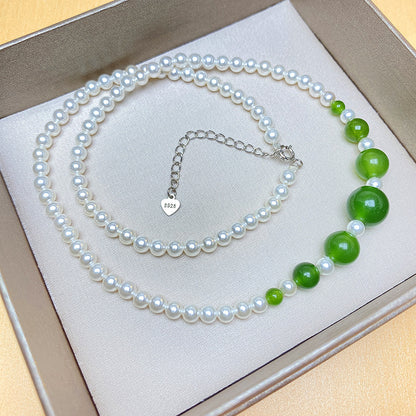 Sterling Silver Clavicle Chain White Jasper Green Chalcedony