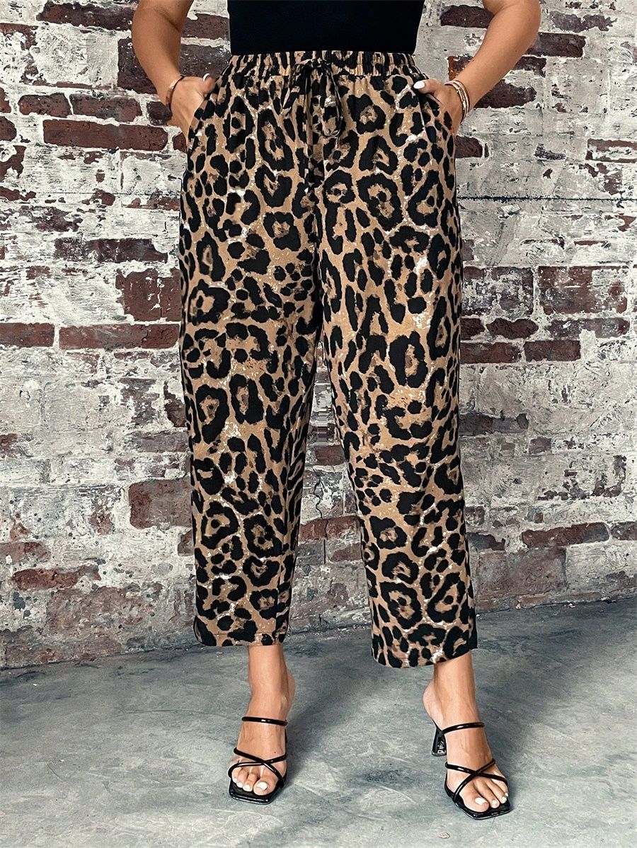 Plus Size Women's Lace-up Leopard Print Woven Pants