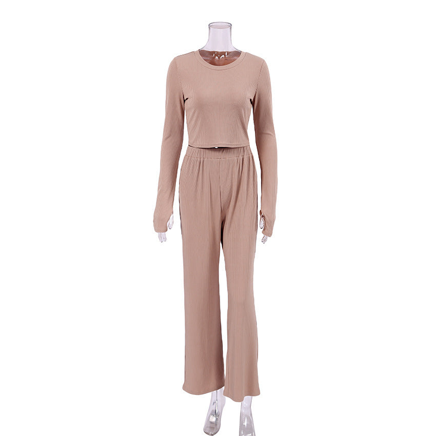 European And American Long-sleeved Pajamas Short Trousers Suit Fashion Sunken Stripe Knitted Home Wear