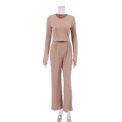 European And American Long-sleeved Pajamas Short Trousers Suit Fashion Sunken Stripe Knitted Home Wear