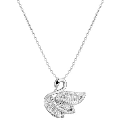 Women's Sterling Silver Swan Necklace With Elegant Diamonds