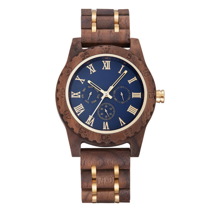 Retro Walnut Gold Multi-functional Men's Quartz Watch