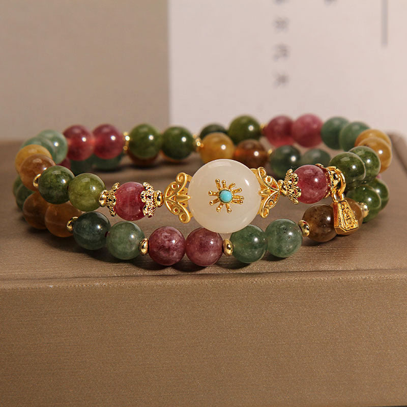 Natural Color Tourmaline Double Ring Bracelet Special Interest Light Luxury High-grade Jade Twin